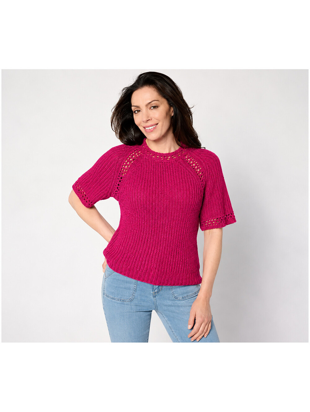 Studio Park x Amy Stran Short Sleeve Pointelle Summer Sweater Berry, Size Large